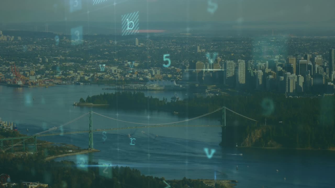 Animation of data processing over cityscape