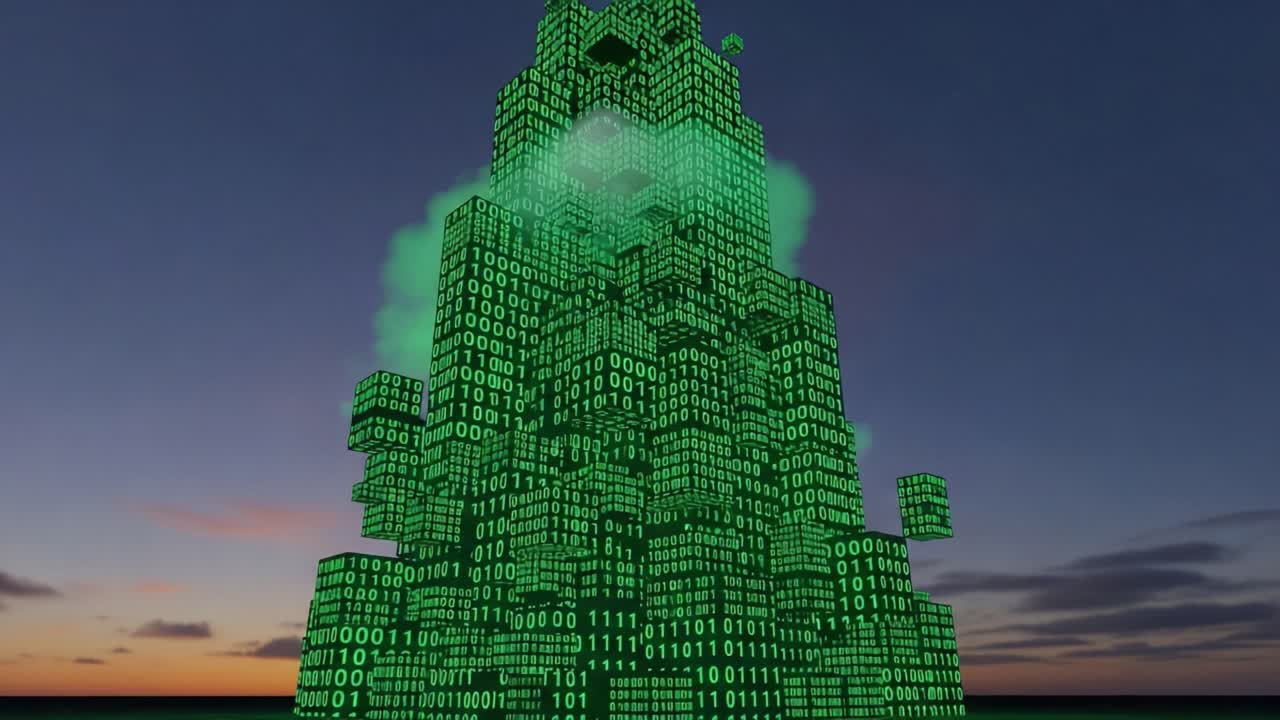A Digitally Enhanced Tower of Data: An Illuminated Structure Composed of Binary Code Emphasizing Innovation and Transformation in Technology
