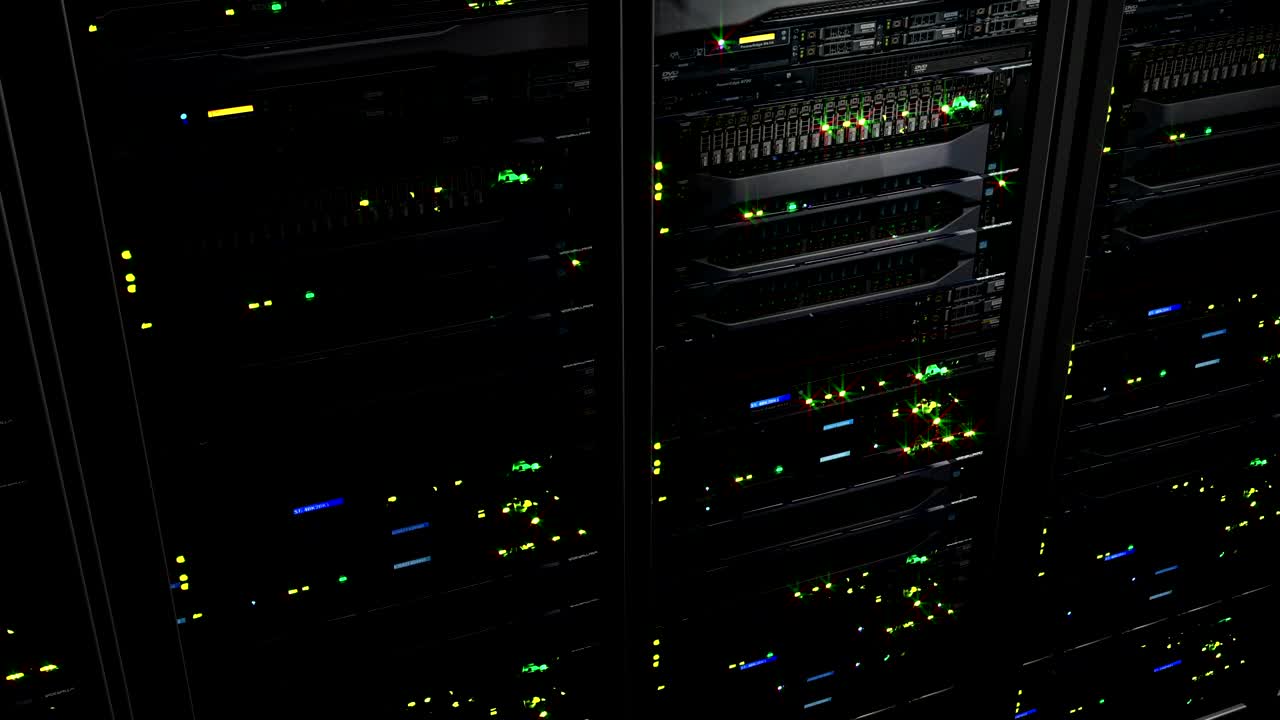 renderización en 3d de servidores de datos con leds intermitentes. animación cíclica de servidores de data