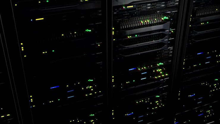 3D rendering of data servers with flashing LEDs. Cyclic animation of data servers