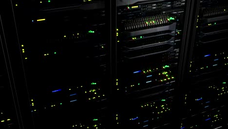 renderización en 3d de servidores de datos con leds intermitentes. animación cíclica de servidores de data