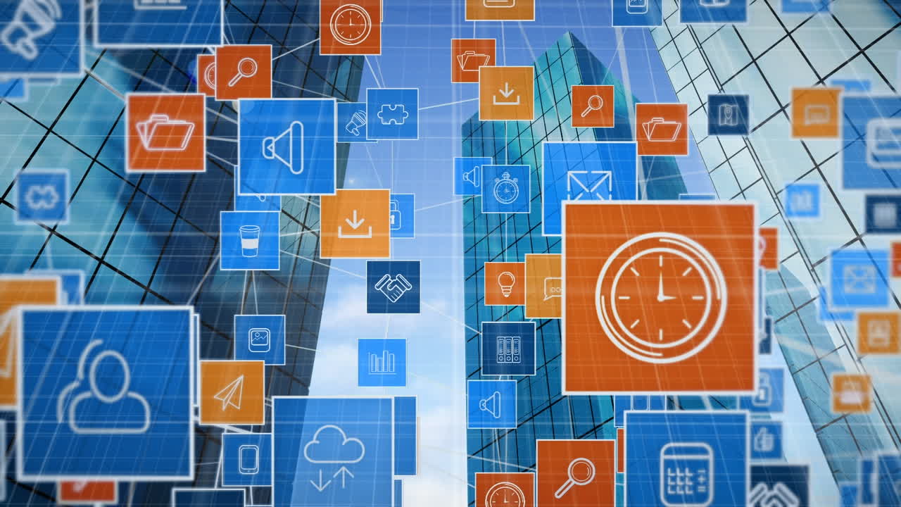 Digital composite of computer network icons and blockchain technology concept