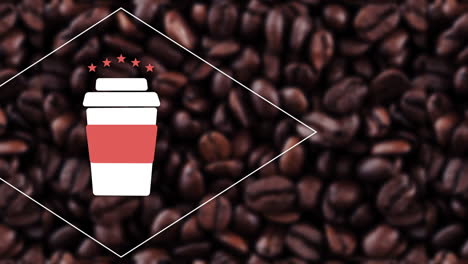 logotipo de taza de café caliente contra café y frijoles