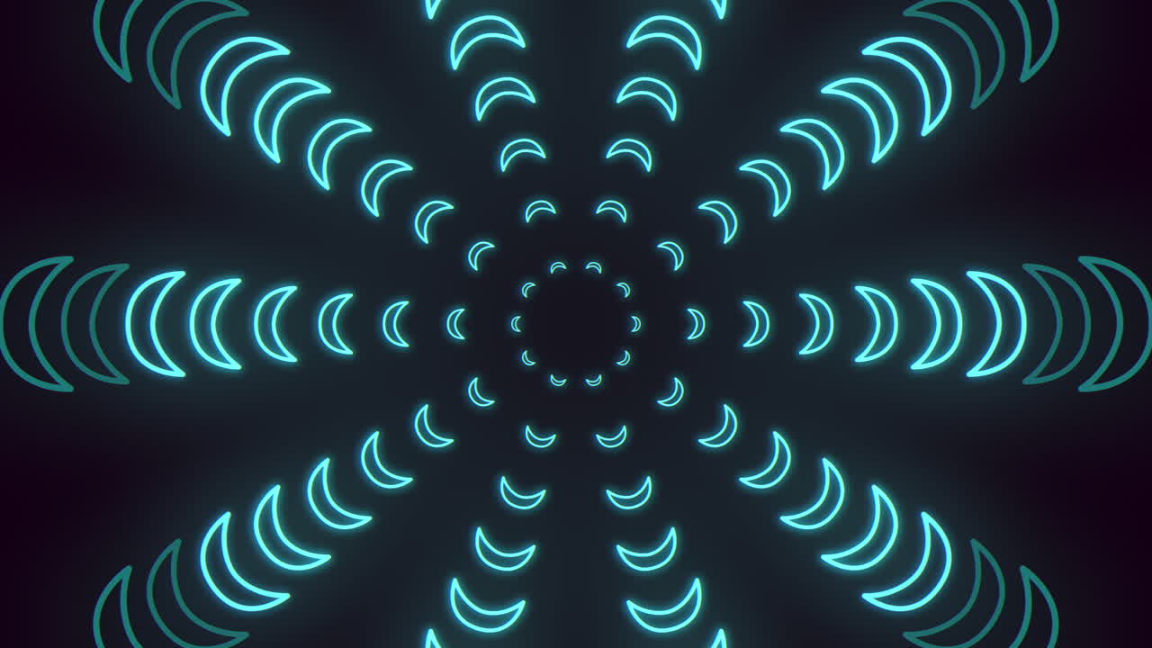 Gloeiende neonblauwe gebogen lijnen vormen een symmetrisch radiaal golfpatroon op een donkere achtergrond, wat een futuristische geometrische animatie creëert voor technologie, muziek en VJ-visuals.