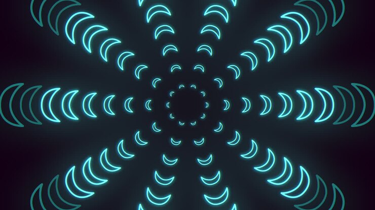 Glowing neon blue curved lines form a symmetrical radial wave pattern on a dark background, creating a futuristic geometric animation for tech, music, and VJ visuals