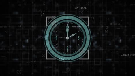 Digital-animation-of-multiple-changing-numbers-over-neon-digital-clock-ticking-on-black-background