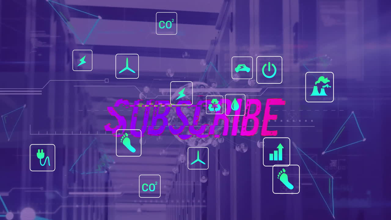 가입 텍스트, 디지털 에코 아이콘 및 컴퓨터 서버를 통해 데이터 처리의 애니메이션