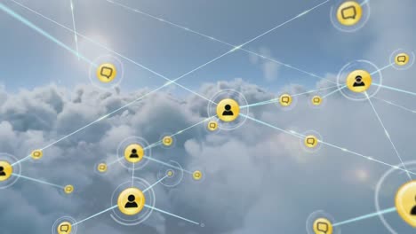 Animation-of-network-of-digital-icons-against-clouds-and-sun-in-the-sky