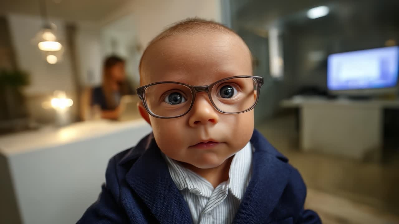 Adorable Baby in Glasses: A Young Child's Serious Expression Captured in a Stylish Outfit, Full of Charm and Innocence, Perfect for Family Moments and Memories