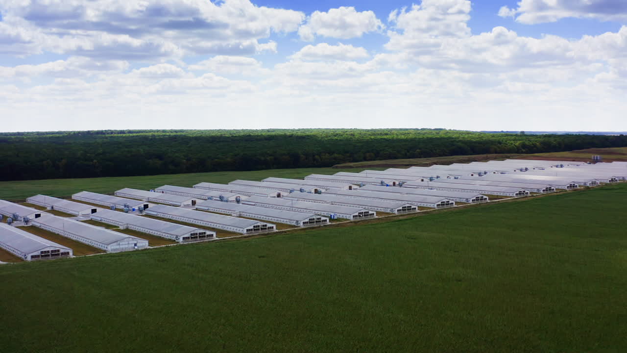Aerial view of industrial poultry house in the country. Modern Factory Exterior.