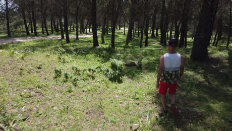 la cámara pov se retira a través de los árboles abiertos del parque para revelar al hombre que camina