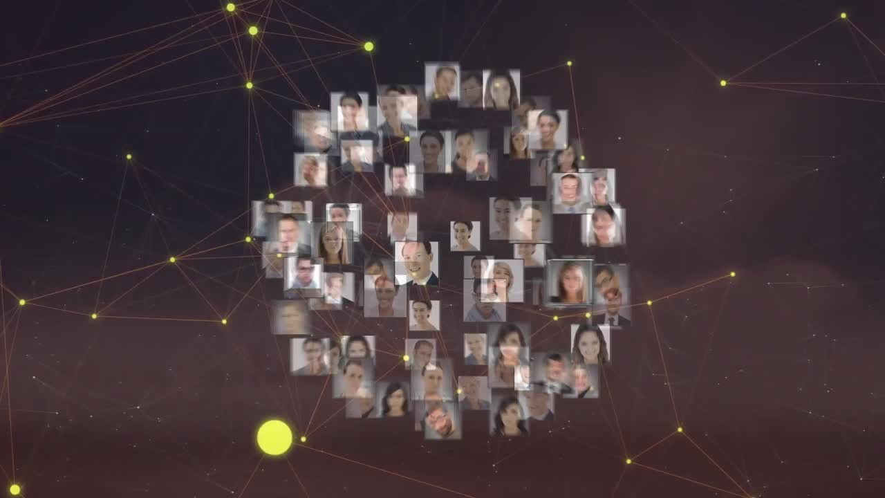 анимация профильных изображений, образующих глобус над соединенными точками на абстрактном фоне