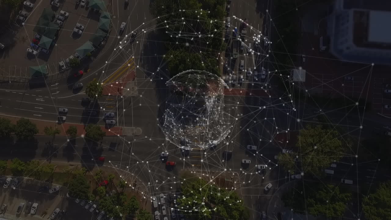 animación de la red global de conexiones que giran sobre la vista aérea de la ciudad