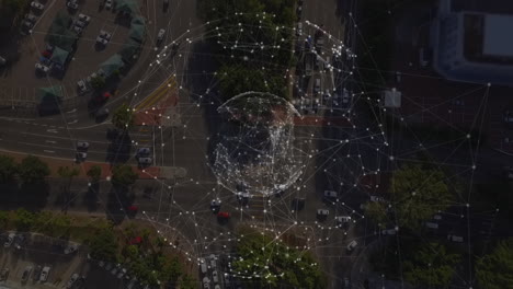 animación de la red global de conexiones que giran sobre la vista aérea de la ciudad