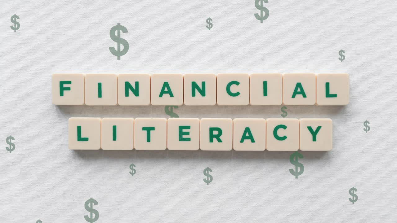 Financial Literacy Word Written On Scrabble Tiles, Dollar Signs Going Up At The Background