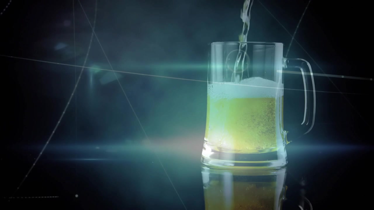Beer mug filling by pouring liquid creating foam, dark overlays animating illustrating data visuals