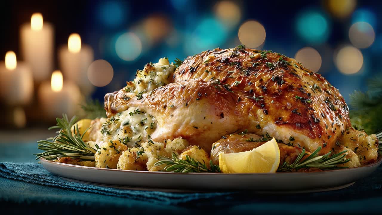 Un delizioso tacchino arrosto guarnito con erbe fresche e limone, circondato da un ripieno saporito, perfetto per feste e riunioni di famiglia