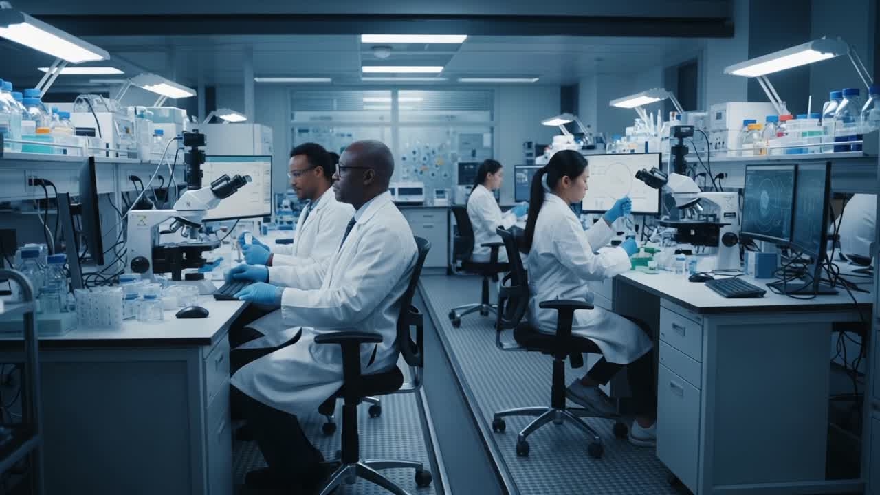 A Collaborative Laboratory Environment: Researchers in White Lab Coats Engaged in Scientific Experiments and Observations at Workbench Stations