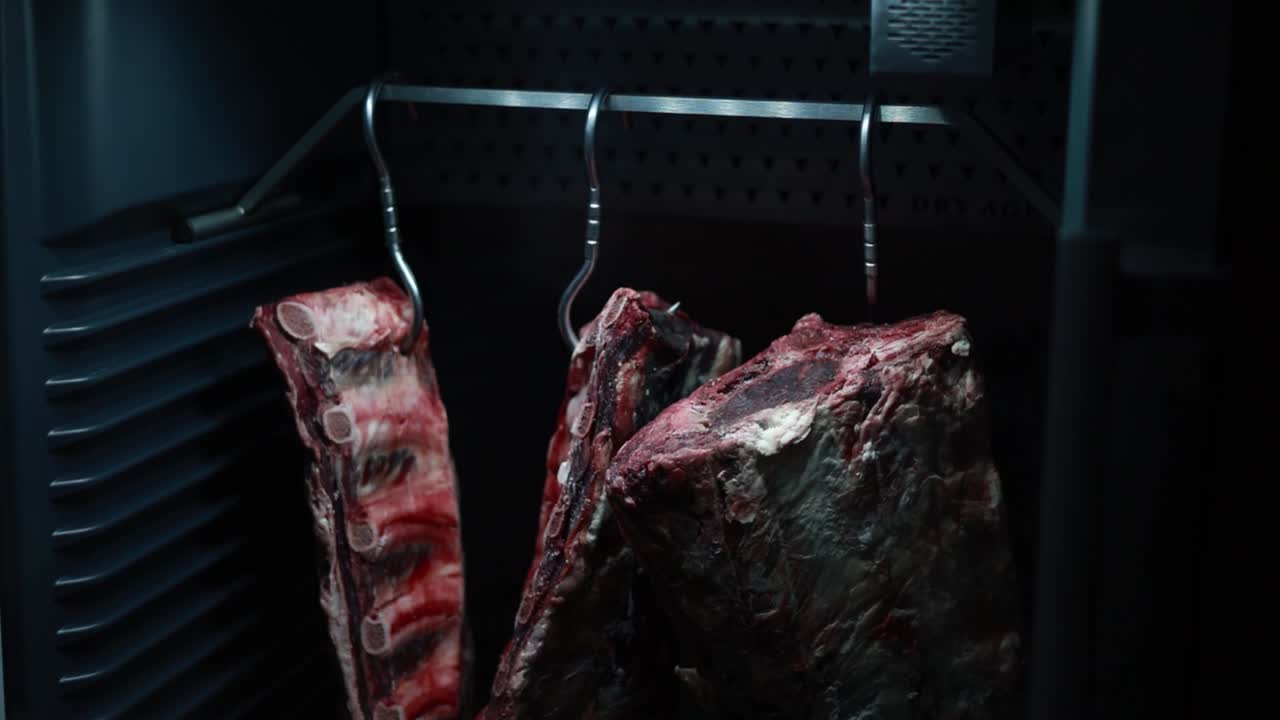 costillas de carne envejecidas en seco en un refrigerador