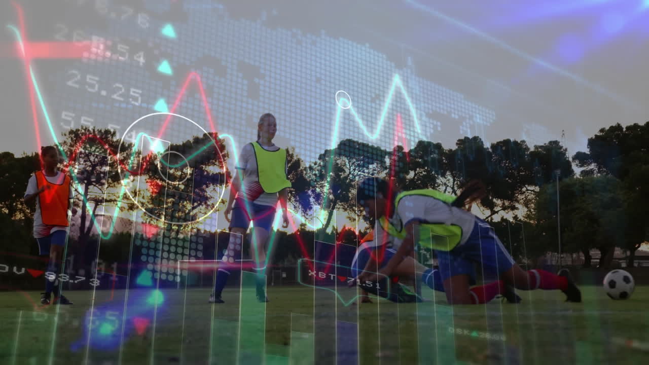 Practicing soccer on field, players with animation of financial data graphs