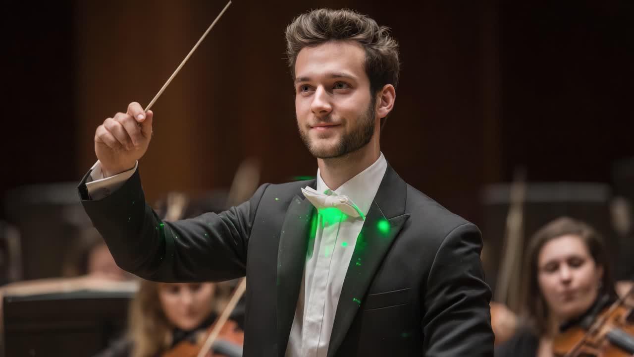 Young Conductor Leading a Symphony Orchestra with Passion and Precision, Creating an Inspiring Musical Experience for the Audience in a Grand Concert Hall
