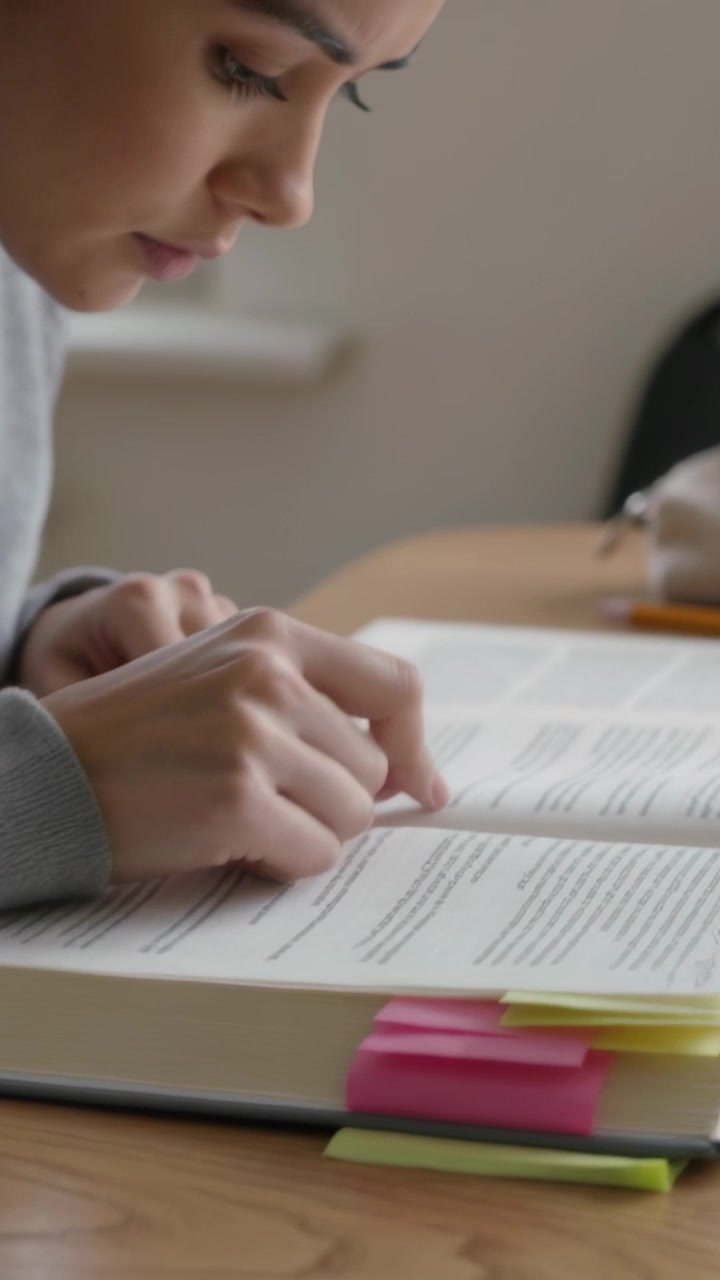 Video verticale: Mani che si posano sulla scrivania, donna che sfoglia pagine, ripassa il testo e studia con un maglione e bandierine.