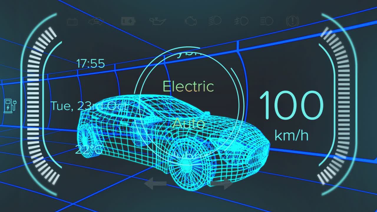 Cyan wireframe car appearing on grid accelerating shifting HUD modes showing hybrid change