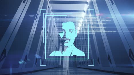 animation of changing profile icons and data processing against computer server room