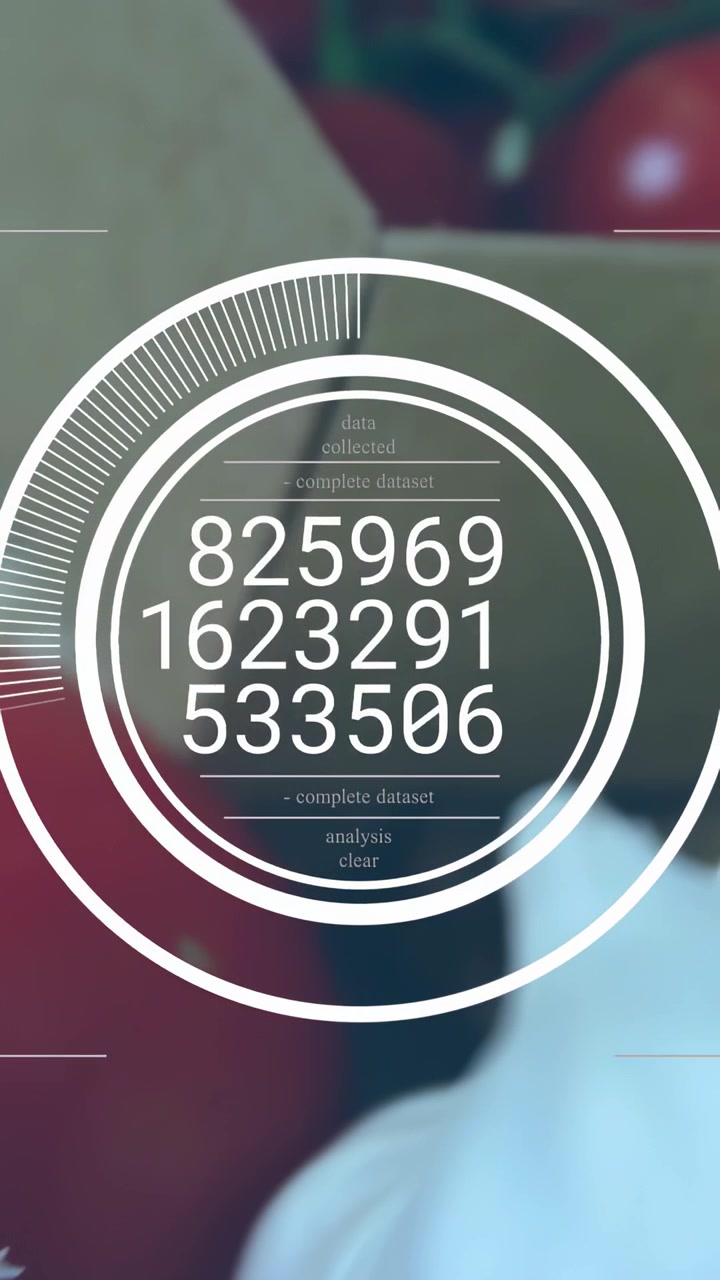 Vertical video: HUD fading in, scanning garlic, tomatoes on crate, collecting numeric readouts