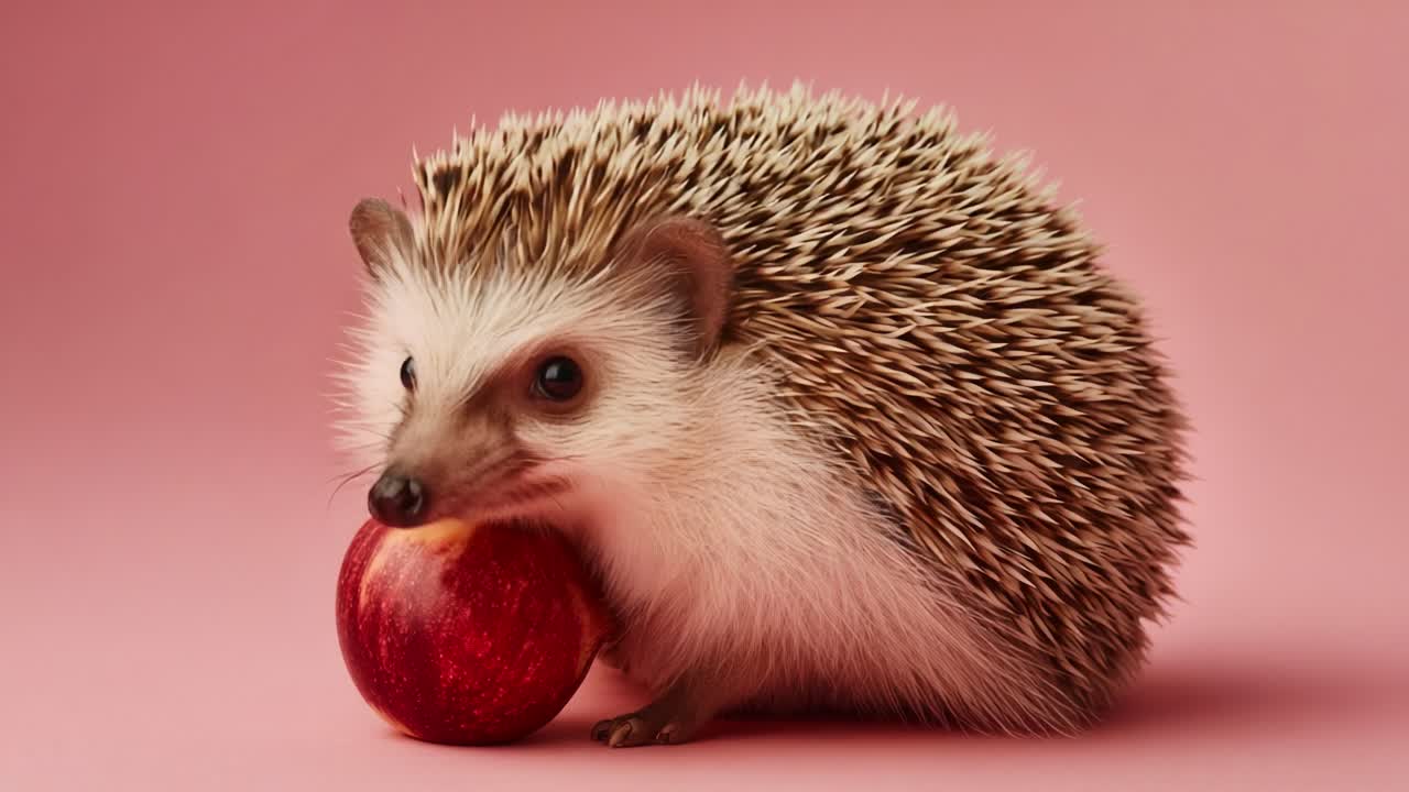 Adorable Hedgehog Holding an Apple: A Charming Display of Nature's Small Wonders Residing Against a Pink Background, Capturing the Essence of Cuteness and Playfulness in Wildlife Photography