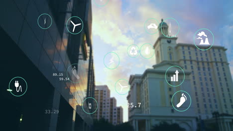 animation of network of eco icons over cityscape