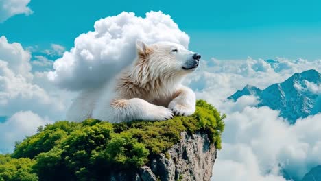 a white polar bear sitting on top of a mountain