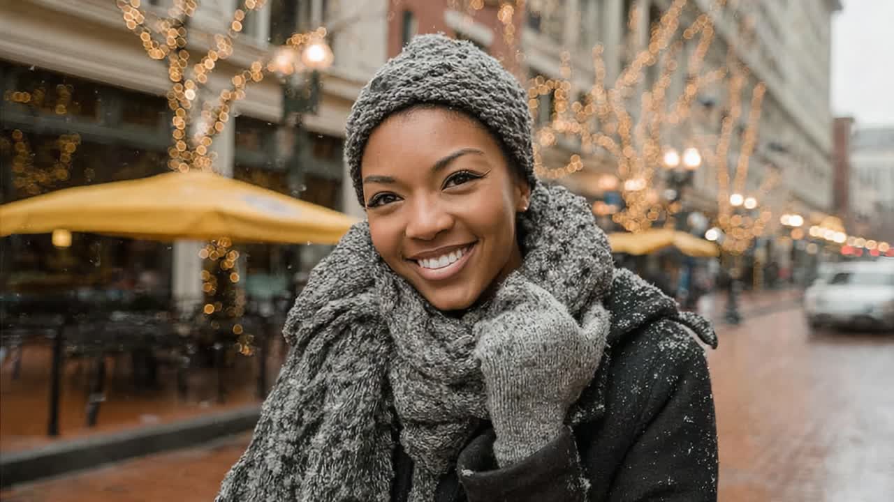 A joyful woman smiles warmly in a winter setting, wearing a cozy scarf and beanie, surrounded by twinkling lights and a picturesque snowy backdrop