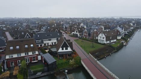 aerial of a beautiful old town in the netherlands on a rainy day