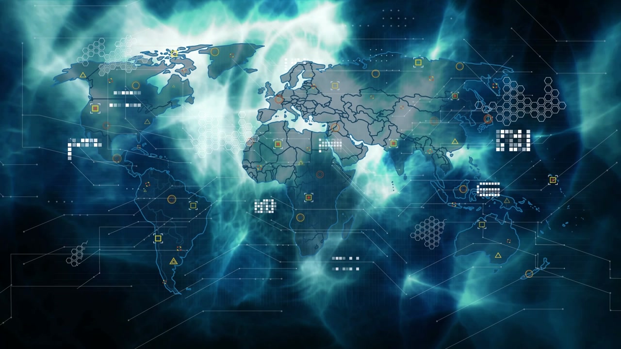 Digital animation of data processing over world map against blue background