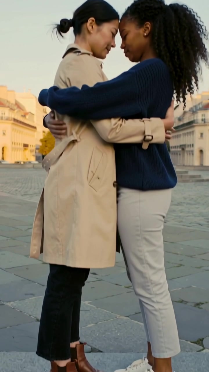 Video verticale: Donne che si incontrano, si tengono per mano e si abbracciano ai margini di una piazza, indossando un trench.