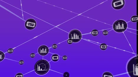 Animation-of-floating-graph-and-cellphone-connecting-with-lines-over-violet-background