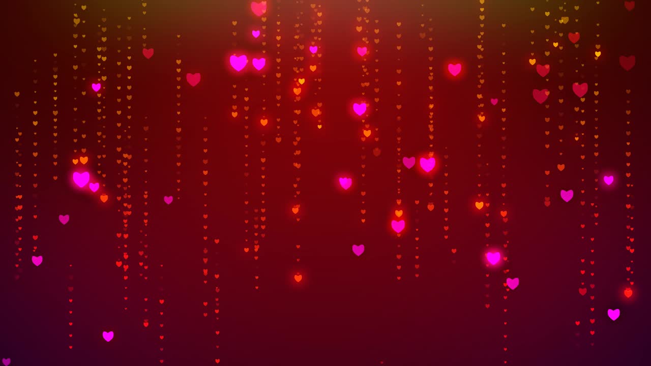 el corazón cayendo rayas de partículas brillantes, lluviando partículas brillantes brillantes, fondo de movimiento video animado fondo de bucle multicolor, lluvia digital