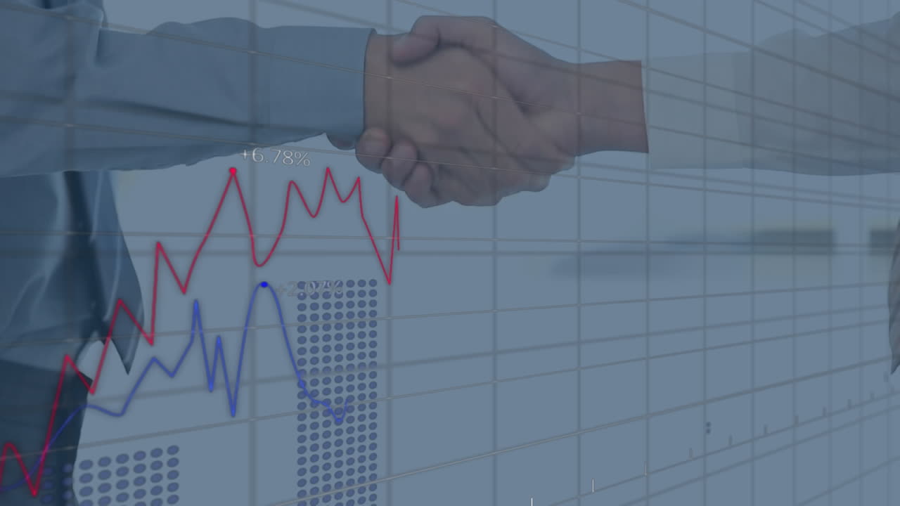 Processamento de dados estatísticos sobre rede de grade contra a seção central de dois empresários apertando as mãos