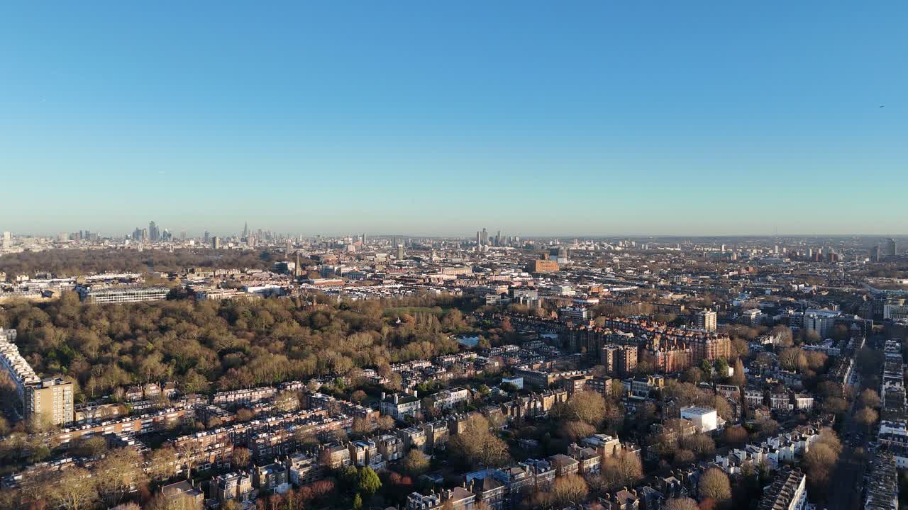 Notting Hill UK streets and roads drone,aerial London city skyline in background