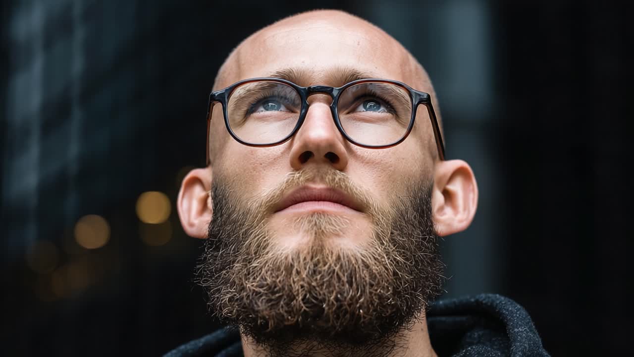 A Thoughtful Portrait of a Bald Man with Glasses and a Full Beard Gazing Upward Against a Dark, Urban Background in Two Key Frames