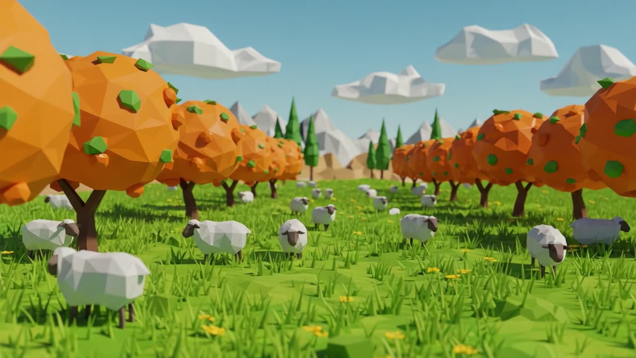 En levende low-poly scene med farverige træer og græssende får i et fredfyldt landskab under en lys himmel