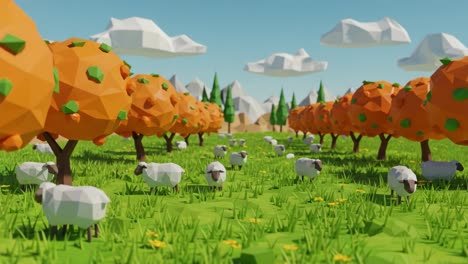 A Vibrant, Low-Poly Scene Featuring Colorful Trees and Grazing Sheep in a Serene Pastoral Landscape Under a Bright Sky