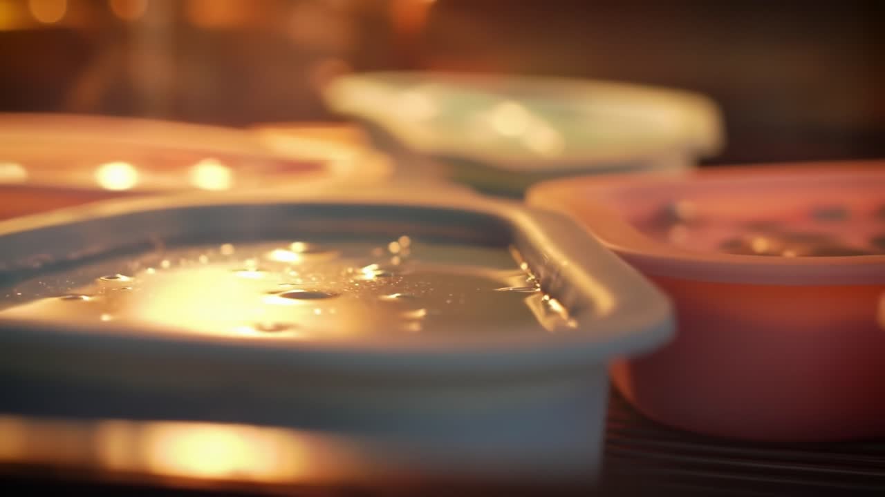 A Beautiful Close-Up of Vibrant Colored Containers with Glimmering Water Reflecting Soft Light, Showcasing the Tranquil and Aesthetic Appeal of Refreshing Ingredients