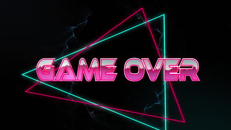 animation of game over text in metallic pink letters with triangles over green smoke trails