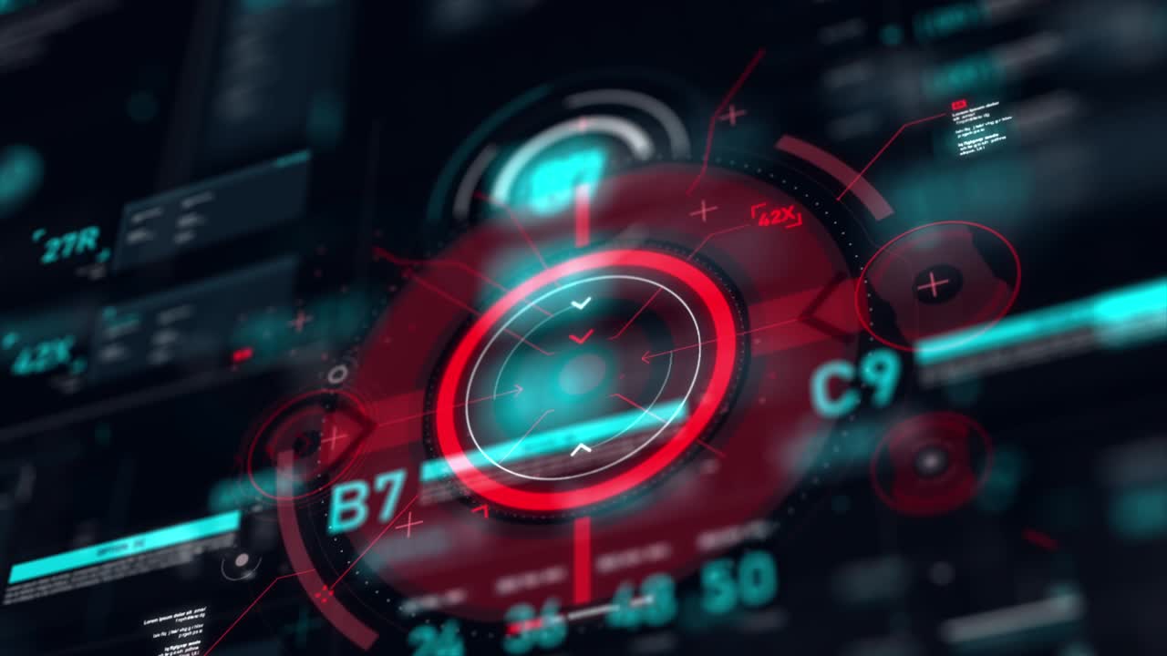 puntero objetivo y interfaz de usuario futurista hud gui elemento de número de texto digital para tecnología cibernética concepto con poca profundidad de campo oscuro y procesado de grano