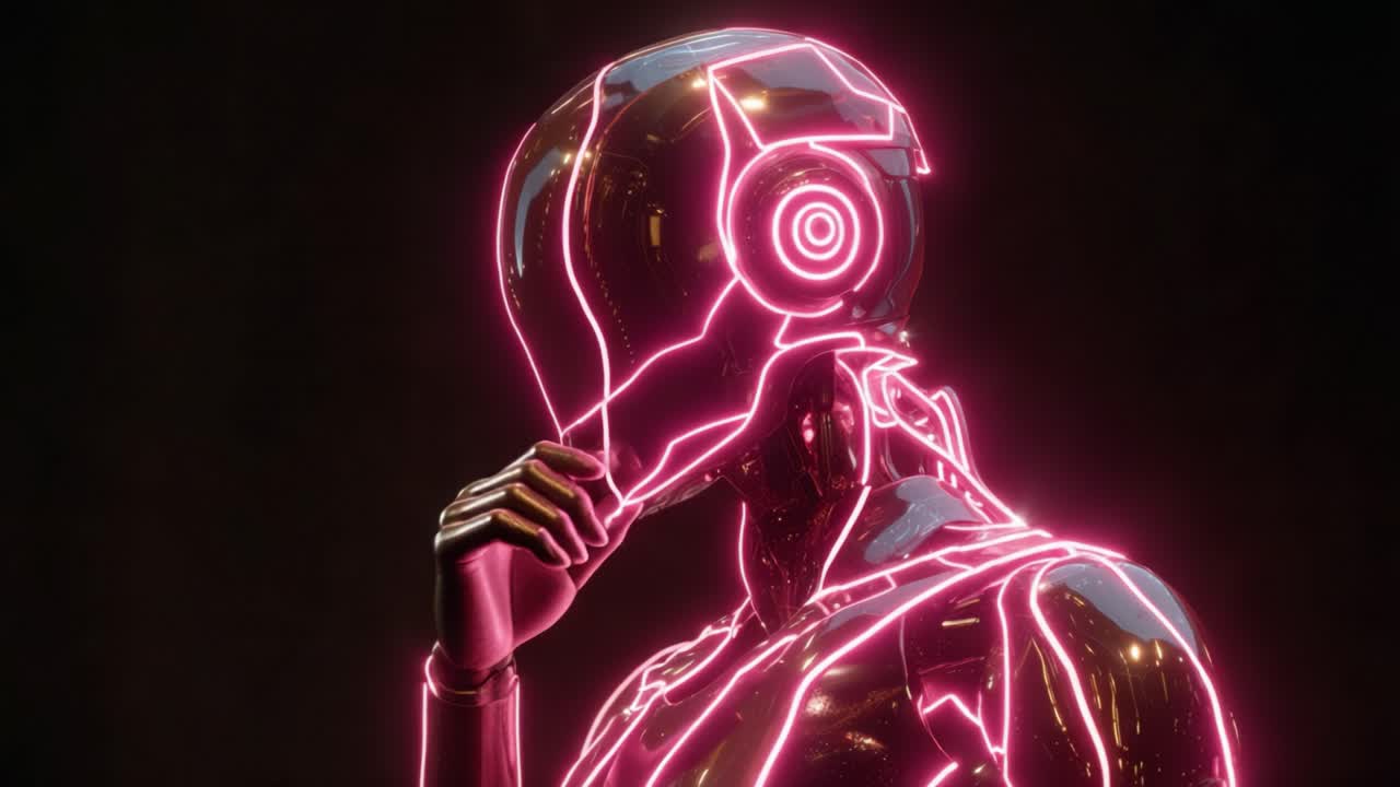 Futuristic android with a metallic body and glowing pink neon lines in a thoughtful pose against a dark background, representing advanced artificial intelligence and technological evolution