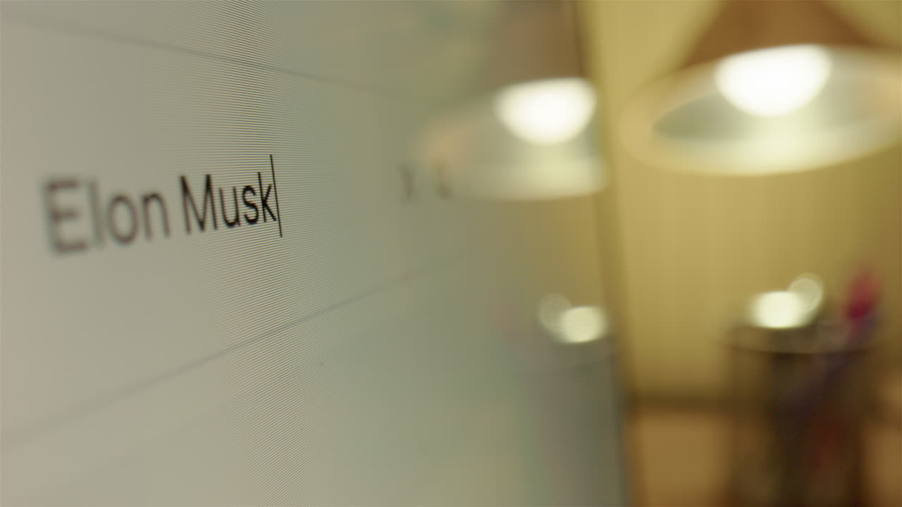 Elon Musk net worth typed into internet browser search bar, closeup tracking