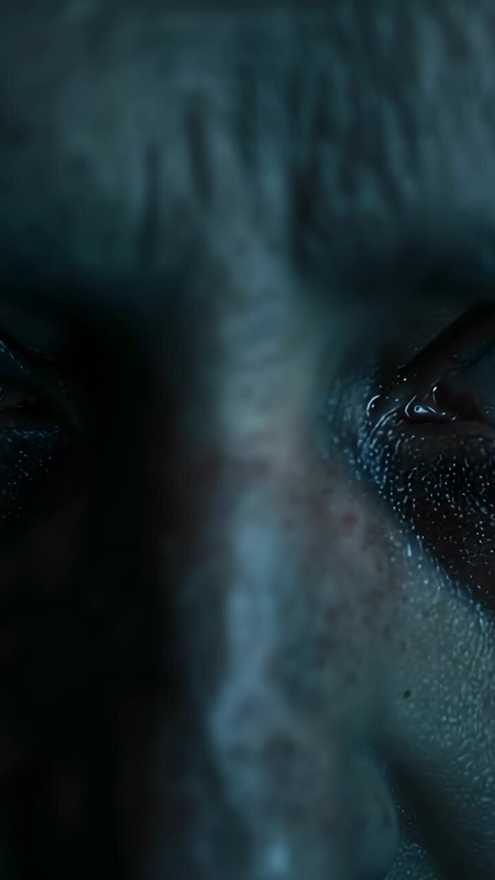 Vertical video: Focusing lens showing wet male face blinking in dark space and droplet sliding