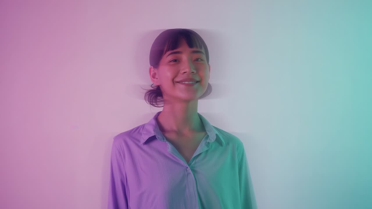 Smiling woman in blue shirt shifting to smile, posing in studio with magenta-cyan light, ghosting
